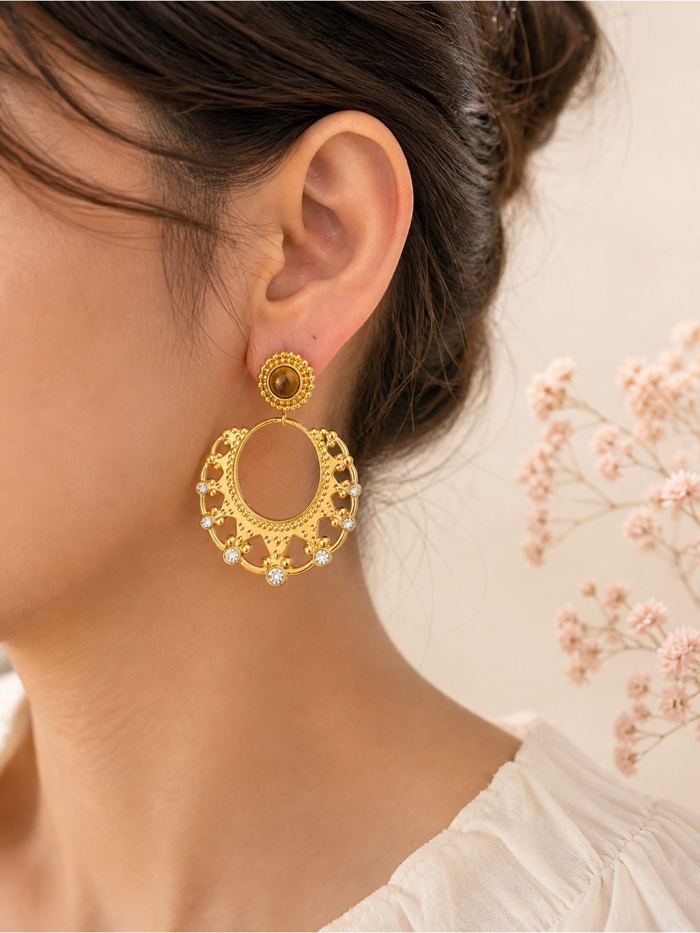 Gold Hoop Drop Earrings with Clear Stones - Women Jewelry